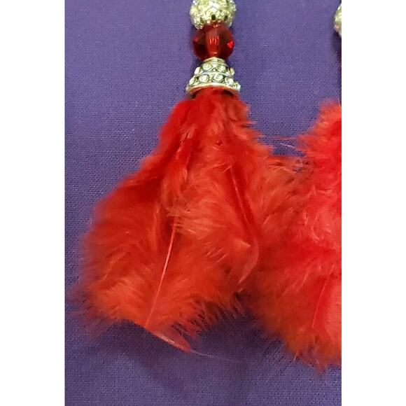 Long Red Feather Dangle Earrings Clear Rhinestone Crystal Ball Silver Tone - Picture 2 of 6